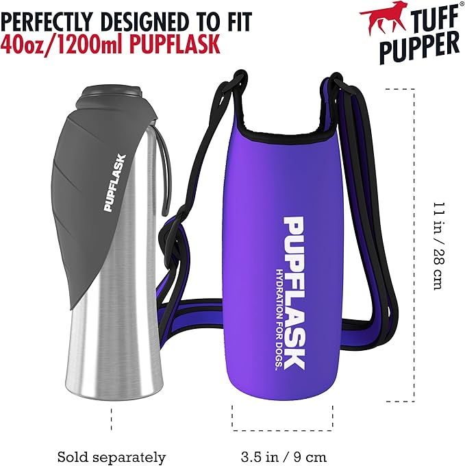 Tuff Pupper PupFlask Insulated Neoprene Dog Water Bottle Holder Sling with Wide Adjustable Shoulder Strap, Great for Travel, Walking, Hiking, Portable Pet Water Bottle Holder (40 OZ, Ultra Violet)