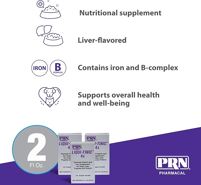 PRN Pharmacal Liqui-Tinic 4X - Iron & Vitamins Oral Nutritional Supplement for Pets- Liver-Flavored Supplement with Iron & B-Complex Vitamins to Support Wellness - 2 fl oz (3 Pack)