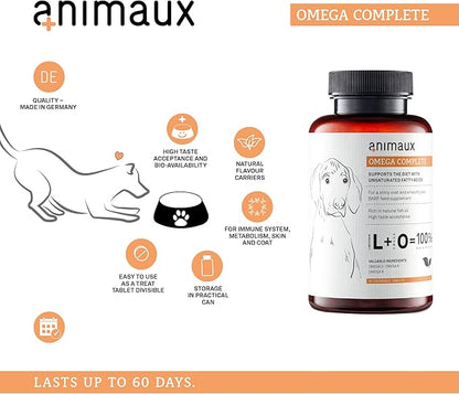 animaux - Omega Complete for Dogs Fish Oil Tablets, Omega 3,6 & 9 Fatty acids to Support Vitality, Bone Structure, Barf Supplement, Salmon Oil for Skin & Coat, 50 chewable Tablets, 100 days supply