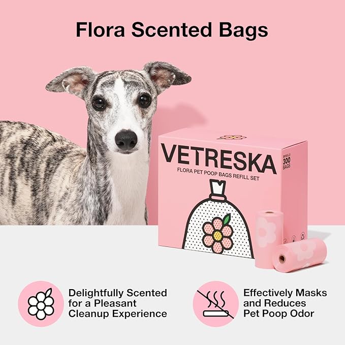 VETRESKA Dog Poop Bags, Lavender Scented, Leak Proof, Extra Thick and Extra Strong Pet Waste Bags for Dog Walking and Cat Litter, 300 Counts15 Refill Rolls 9 X 13 inches