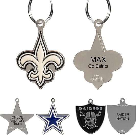 NFL New Orleans Saints Engraving Pet ID Tags in 32 Team Logo Shapes Personalized Dog Tags and Cat Tags with 3 Lines of Customizable Text for Tracking & Safety. Stainless Steel Pet ID Tracking Tags