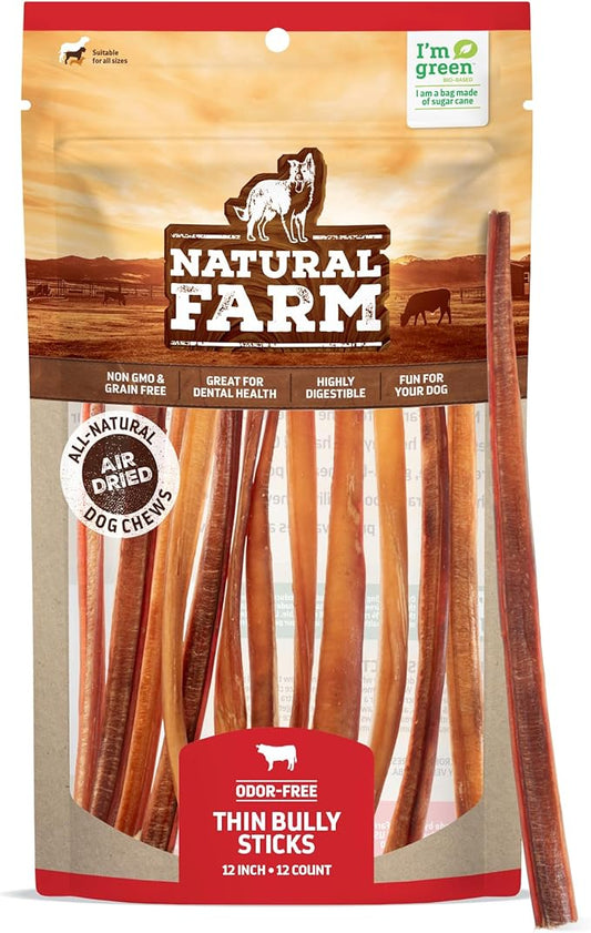 Natural Farm Odor-Free Thin Bully Sticks (12”, 12-pack) ALL-NATURAL Long-Lasting Dog Chews, 100% Beef Pizzle, Grass-Fed, Grain-Free, Protein for Muscle Development & Energy, Perfect for Large Dogs