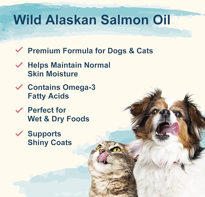 Premium Wild Alaskan Salmon Oil for Dogs & Cats 16oz Skin & Coat Natural Liquid Food Supplement for Pets, Fish Oil, Omega 3, EPA + DHA Fatty Acids for Joint Function, Immune & Heart Health!