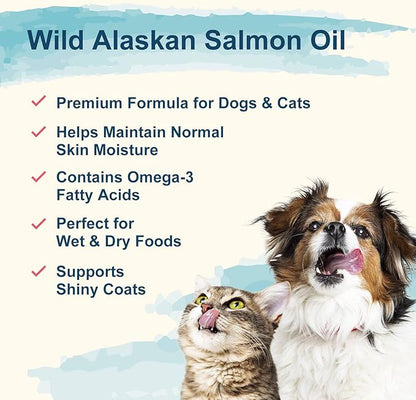 Premium Wild Alaskan Salmon Oil for Dogs & Cats 16oz Skin & Coat Natural Liquid Food Supplement for Pets, Fish Oil, Omega 3, EPA + DHA Fatty Acids for Joint Function, Immune & Heart Health!