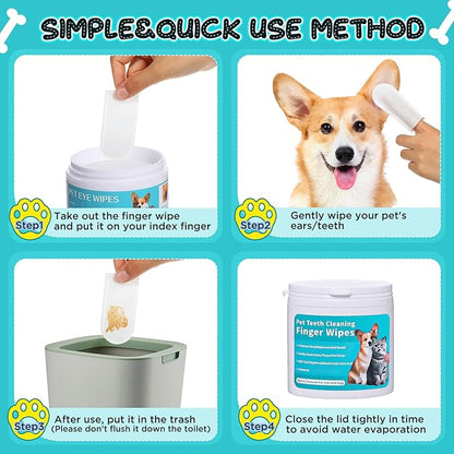 2-Pack Teeth and Ear Cleaner Finger Wipes, Dog and Cat Grooming Kit, Soothing Odor Control, Reduces Dirt and Wax Buildup (1*Teeth Wipes&Ear Wipes&Eye Wipes)