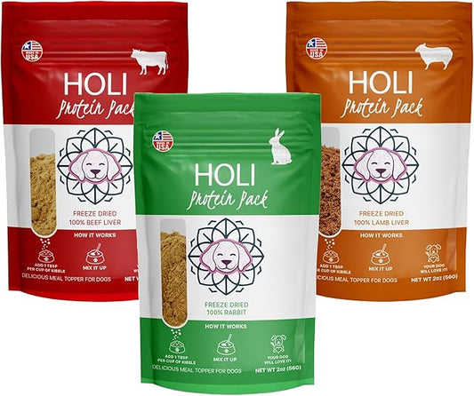 HOLI Freeze Dried Dog Food Topper - 3 Pack 2oz/Bag (Beef Liver, Lamb Liver, Rabbit) Mix in Flavor Enhancer, 100% All Natural