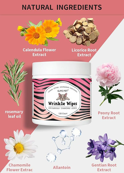 Natural Wrinkle Wipes for Dogs, 120 Count, Hypoallergenic Dog Wipes, Wrinkle Wipes French Bulldog, Cleaning & Deodorizing, Dog Wipes for Grooming Faces, Paws & Butts