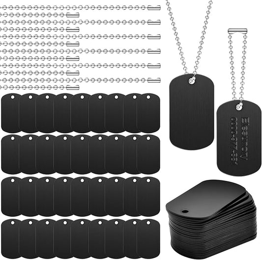 100Pcs Military Dog Tags Set, 50Pcs Personalized Engraved Aluminum Blank Dog Tags and 50Pcs Iron Necklace Chain, Blank Dog Tags for Engraving, Dog Tags for Men, Black