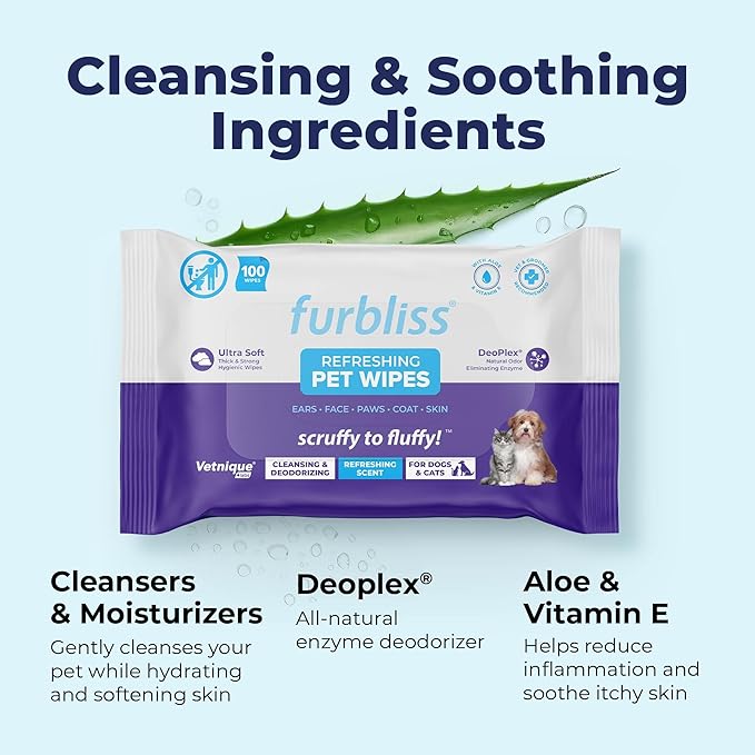 Vetnique Labs Furbliss Hygienic Pet Wipes for Dogs & Cats, Cleansing Grooming & Deodorizing Hypoallergenic Thick Wipes with All Natural Deoplex Deodorizer (Refreshing Scent, 100ct Pouch)