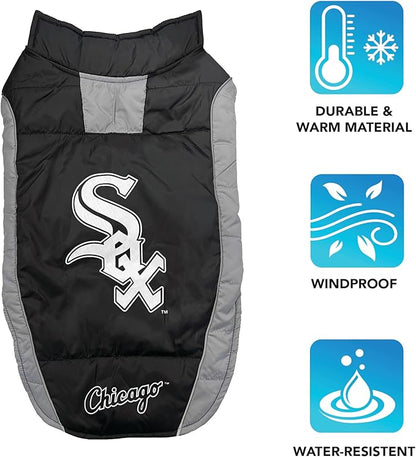 MLB Chicago White Sox Puffer Vest for Dogs & Cats, Size Large. Warm, Cozy, and Waterproof Dog Coat, for Small and Large Dogs/Cats. Best MLB Licensed PET Warming Sports Jacket