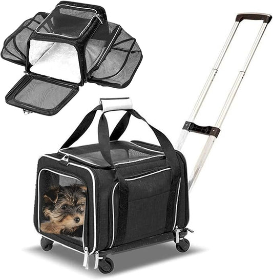 Airline Approved Expandable Premium Pet Carrier on Wheels- Two Sided Rolling Carrier- Designed for Dogs & Cats- Extra Spacious Soft Lined Carrier! (Black) (RL-PET-CARRIER-WHEELS)