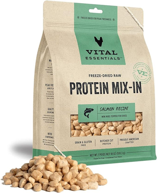 Vital Essentials Freeze Dried Raw Protein Mix-in Dog Food Topper, Salmon Mini Nibs Topper for Dogs, 18 oz