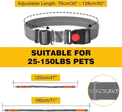 Pawaboo Hands-Free Dog Leash with Waist Belt, Elastic Dog Waist Leash with Wider Belt, Reflective Dog Running Belt Absorbing Shock, Durable Padded Handle Bungee Leash for Dogs (25-150 lbs, Grey)