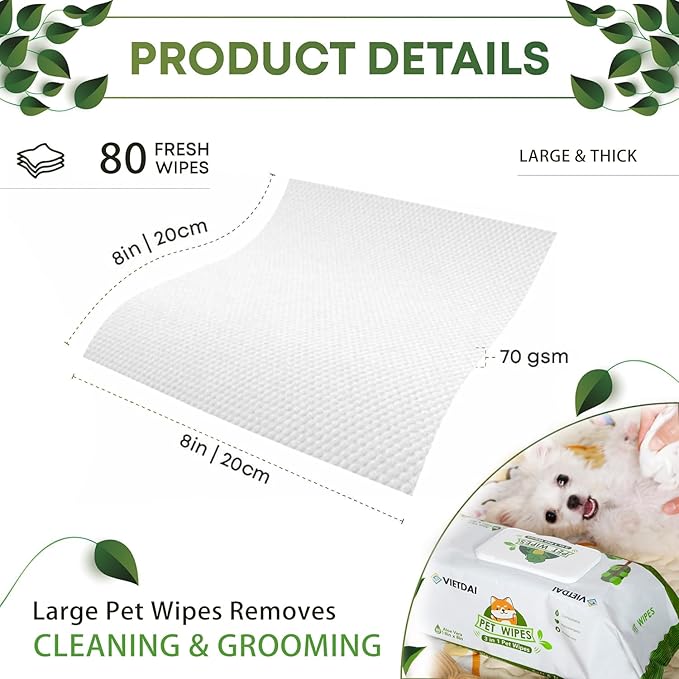 VIETDAI Paw Wipes for Dogs 80 Dog Wipes for Cleaning Deodorizing Pet Grooming Bath Wipes with Aloe Vera and Vitamin E Hypoallergenic Cat Wipes for Eyes Ears Face Body Fur Butt Puppy Wipes