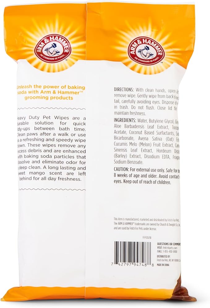 Arm & Hammer for Pets Heavy Duty Multipurpose Bath Wipes for Dogs, Travel Size, Mango Scent | All Purpose Dog Wipes Remove Odor & Refresh Skin for Pets | Travel Pet Wipes, 30 Count - 6 Pack