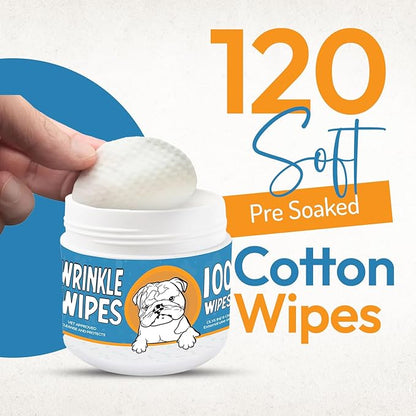 Wrinkle Wipes for Dogs - 100 Count Dog Wrinkle Wipes French Bulldog, English Bulldog, Pugs - 3.15 in Large Bulldog Face Wipes - Cleaning & Soothes on Wrinkles, Folds, Tail Pockets