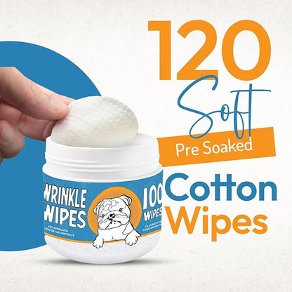 Wrinkle Wipes for Dogs - 100 Count Dog Wrinkle Wipes French Bulldog, English Bulldog, Pugs - 3.15 in Large Bulldog Face Wipes - Cleaning & Soothes on Wrinkles, Folds, Tail Pockets