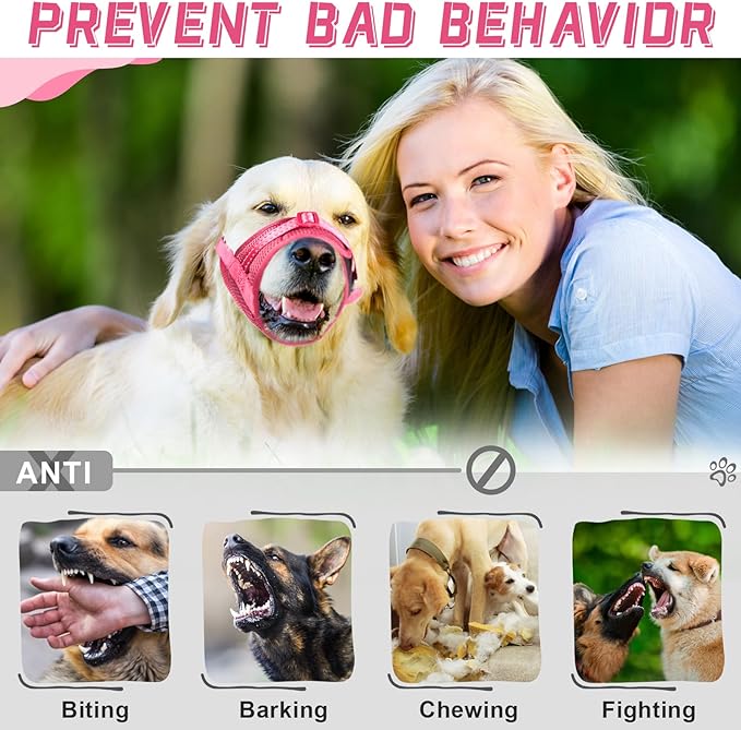 Dog Muzzle Soft Air Mesh Muzzle for Large Dogs, Adjustable Pet Muzzle for Small Medium Dogs to Drink Normally, Breathable Reflective Muzzle for Dogs to Prevent Biting Barking(Pink,M-8)