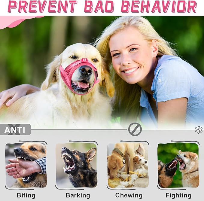 Dog Muzzle Soft Air Mesh Muzzle for Large Dogs, Adjustable Pet Muzzle for Small Medium Dogs to Drink Normally, Breathable Reflective Muzzle for Dogs to Prevent Biting Barking(Pink,L-8)