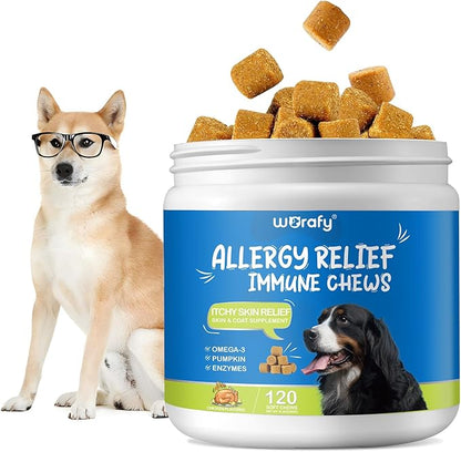 Dog Allergy Relief Chews (120 Count), Dog Allergy Chews, Itch Relief for Dogs, Omega 3 Fish Oil + Pumpkin Enzymes + DHA for Dogs, Anti Hot Spots + Seasonal Allergies, Skin & Coat Immune Health