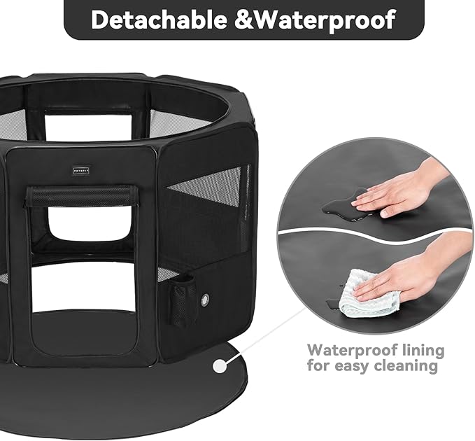 PETSFIT Dog Playpen, 45.5" Sturdy Pop Up Dog Kennel Foldable Dog Pen Indoor Outdoor Puppy Playpen for Medium Dogs Cats with Traveling Bag Zipper Sealed Removable Mesh Top Leakproof Bottom Mat Black L