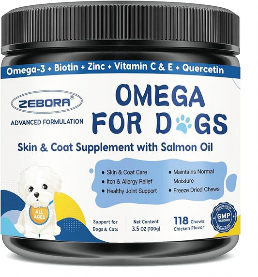 Omega 3 for Dogs with Salmon Oil, 118 Chewable Fish Oil for Dogs Skin and Coat - Dog Allergy Relief, Hot Spot Treatment, Anti Shedding, Hip & Joint Support with EPA & DHA, Biotin, Vitamin E
