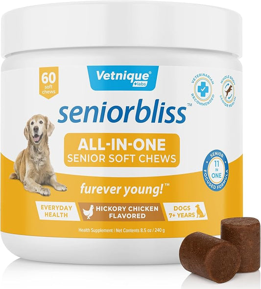 Vetnique Seniorbliss Senior Dog Multivitamin with Glucosamine, Omega 3 Fish Oil, and Probiotics - for Dog Joints, Digestive and Immune Support for Optimal Health (All-in-One Daily Vitamin, 60ct)