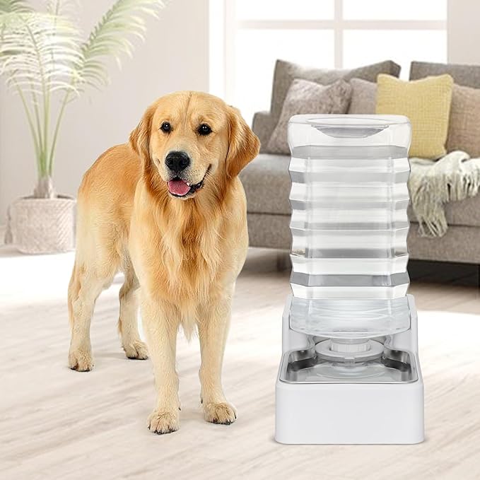Sfozstra 9L Upgraded Dog Water Bowl Dispenser, Stainless Steel Bowl, Automatic Gravity Cat Water Dispenser, BPA-Free, Large Capacity Water Dispenser with Two Caps and Filters(White,9L+)