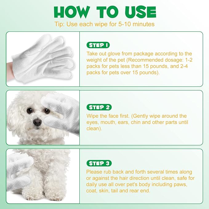 Pet Grooming Gloves Wipes, Hygienic Wipes for Dogs & Cats, Cleaning & Deodorizing Pet Bathing Wipes, No Rinse Puppy Extra Thick Paw Wipes, Dog Cleaning Gloves for Butt, & Body (6PCS-Grooming Wipes)
