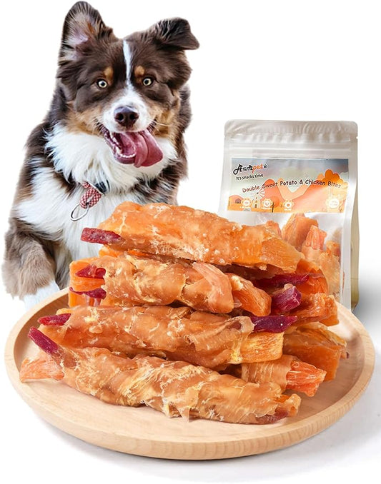 ASMPET Chicken and Double Sweet Potato Jerky Wraps Rawhide Free, Dog Treats Easily Digestible Long Lasting Orange & Purple Sweet Potato Dog Chew Snacks for Small Large Dogs, 10.6oz