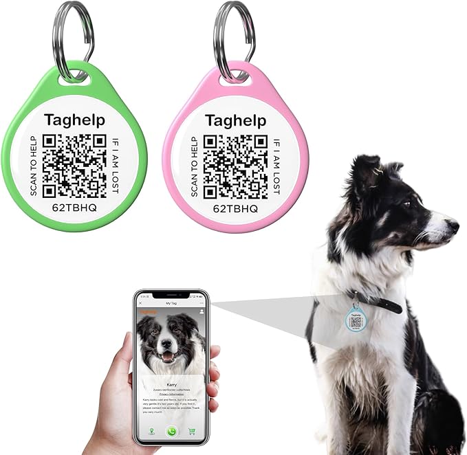 (2pack) QR Code Smart Pet ID Tag Personalized Dog Cat Tag, Online Pet Profile, Dog Collar Tag,Pet Location Alert Email, Digital Pet Tag, Quiet Pet Tag, Durable Pet ID(Green&Pink, for Dog - 1.2")