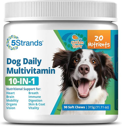 5Strands Dog Multivitamin Chews, 10-in-1, Vitamins & Postbiotics, All Ages & Breeds - Digestion, Brain, Organs, Heart, Mobility, Vision, Skin & Coat, Immune Health - Dog Supplement (Chicken, 90ct)