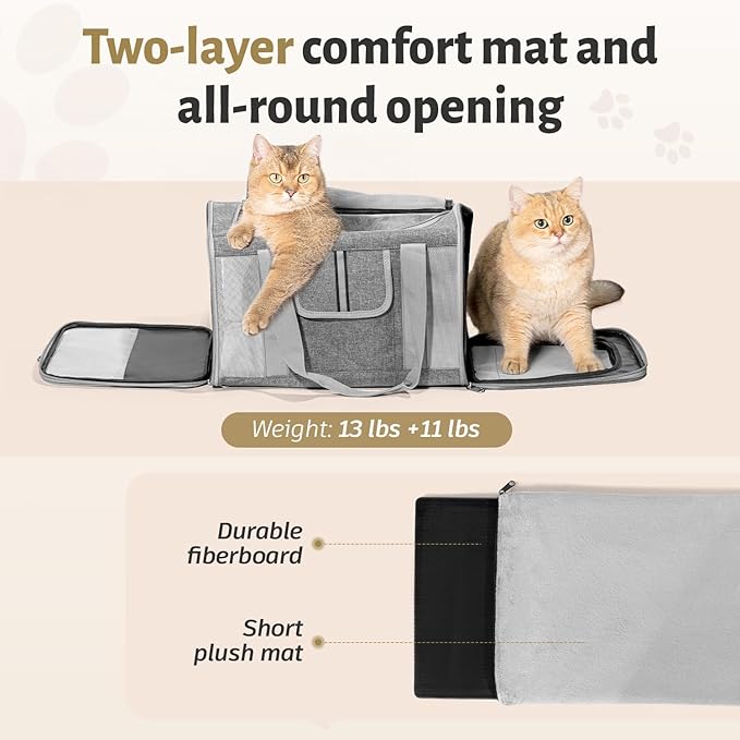 Sedioso Pet Carrier for Large and Medium Cats, 17.7X 10.6X 10.6in Carrier for 2 Kitties, All-Sided Mesh Cat Carrier with Great Ventilation, Portable Soft Sided Carrier Up to 25lbs for Traveling(Grey)