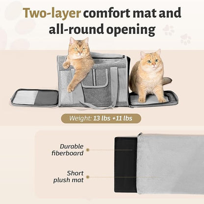 Sedioso Pet Carrier for Large and Medium Cats, 17.7X 10.6X 10.6in Carrier for 2 Kitties, All-Sided Mesh Cat Carrier with Great Ventilation, Portable Soft Sided Carrier Up to 25lbs for Traveling(Grey)