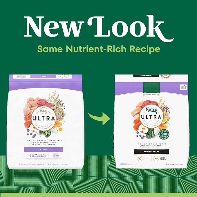 NUTRO ULTRA Adult High Protein Natural Dry Dog Food with a Trio of Proteins from Chicken, Lamb and Salmon, 30 lb. Bag