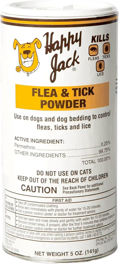 Happy Jack Flea and Tick Powder for Dogs & Puppies, Flea Powder for Carpets, Flea Treatment & Control, Kills Fleas, Ticks & Lice, Odorless & Non-Staining, Dust on Sleeping Quarters & Furniture (5 oz)