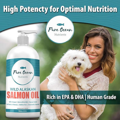 Wild Alaskan Salmon Fish Oil for Dogs & Cats 16 Ounce; Natural Liquid Supplement with Omega 3's to Support Joint, Heart, and Immune Health; Essential Fatty Acids Promote a Shiny Coat and Healthy Skin