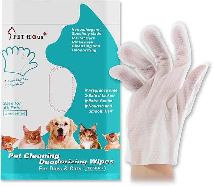 Cleaning & Deodorizing Grooming Gloves,Pet Bathing Wipes for Dogs & Cats & Rabbit, Nourish Fur Glove Wipes for Daily Care and Traveling, Rinse Free，（6 PCS）