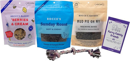 Bocce's Bakery Soft & Chewy Dog Treats 3 Flavor Variety - (1) Each: Sunday Roast, Berries & Cream, Mud Pie Oh My (6 Ounces) - Plus Rope Toy and Fun Animal Facts Booklet Bundle