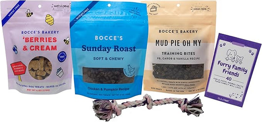 Bocce's Bakery Soft & Chewy Dog Treats 3 Flavor Variety - (1) Each: Sunday Roast, Berries & Cream, Mud Pie Oh My (6 Ounces) - Plus Rope Toy and Fun Animal Facts Booklet Bundle