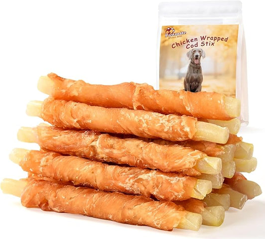 Chicken Wrapped Cod Sticks for Dogs, Grain-Free Rawhide-Free Natural Dog Treats Training Rewards Snacks Dog Soft Chews Treats 10.58OZ
