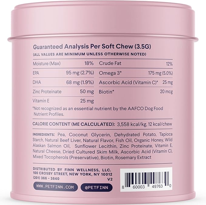 Finn Skin & Coat Salmon Oil Supplement for Dogs | Supports A Thick & Shiny Coat | Fish Oil from Wild Alaskan Salmon, Omega-3s, EPA & DHA, Biotin, & Zinc | 90 Soft Chews