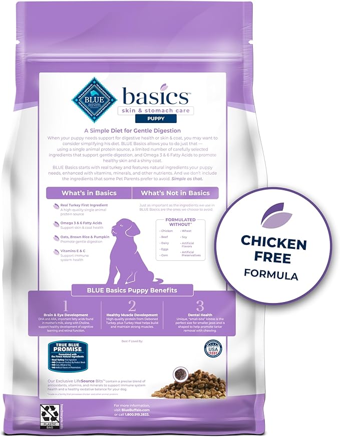 Blue Buffalo Basics Puppy Dry Dog Food for Skin & Stomach Care, Limited Ingredient Diet, Made in the USA with Natural Ingredients, Turkey & Potato Recipe, 4-lb. Bag