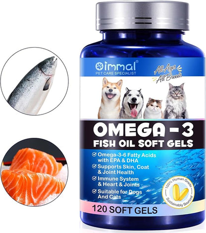 Omega-3 Pet, Salmon Oil Soft Gels for Dogs and Cats (120pcs)- Skin and Coat Health Supplement with EPA & DHA Fatty Acids, Omega-3 Fish Oil Pills Treats for Pet Shedding, Skin Allergy, Itch Relief