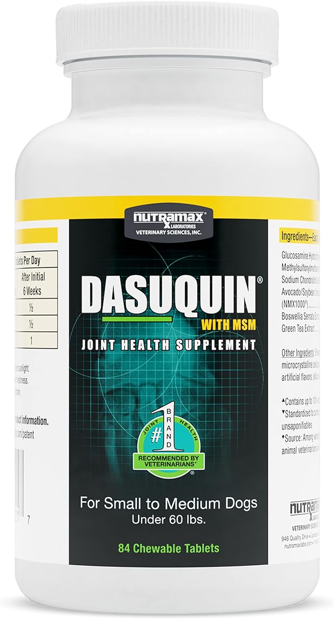 Nutramax Dasuquin with MSM Joint Health Supplement for Small to Medium Dogs - With Glucosamine, MSM, Chondroitin, ASU, Boswellia Serrata Extract, and Green Tea Extract, 84 Chewable Tablets(Pack of 1)