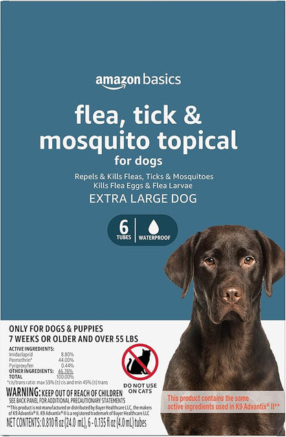 Amazon Basics Flea, Tick & Mosquito Topical Treatment for X-Large Dogs (over 55 pounds), 6 Count (Previously Solimo)