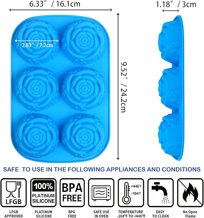 3PCS Jumbo Rose Flower Silicone Mold for Candy, Non-stick Silicone Flower Molds for Raspberry Cheesecake Roses, 6-Cavity Flower Silicone Molds for Rose Candy Apples