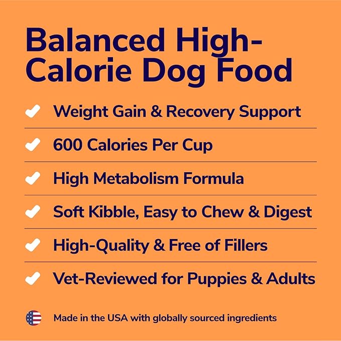 High-Calorie High Protein Dog Food for Muscle & Weight Gain, Large 20 lb Bag, 600 Calories/Cup | Chicken & Rice Dry Dog Food | Puppy, Senior Soft Dog Food Dry | Packaging may vary