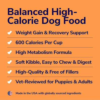 High-Calorie High Protein Dog Food for Muscle & Weight Gain, Large 20 lb Bag, 600 Calories/Cup | Chicken & Rice Dry Dog Food | Puppy, Senior Soft Dog Food Dry | Packaging may vary