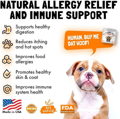 Allergy Relief Chews for Dogs & Immune & Digestive Supplement with Wild Salmon Oil Kelp Colostrum Turmeric Probiotics & Bee Pollen for Seasonal Allergies Anti Itch, Skin Hot Spots Soft Treats